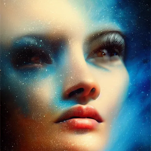 Prompt: sci - fi, close - up, 3 d, stars, fashion model face closed eyes, cinematic, clouds, sun rays, vogue cover style, poster art, blue mood, realistic painting, intricate oil painting, high detail illustration, figurative art, multiple exposure, water, 3 d, by tooth wu and wlop and beeple and greg rutkowski