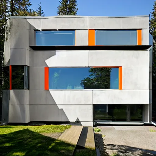 Image similar to large futuristic residence, cascadian, white and gray concrete, many large windows, triangular elements, orange metal