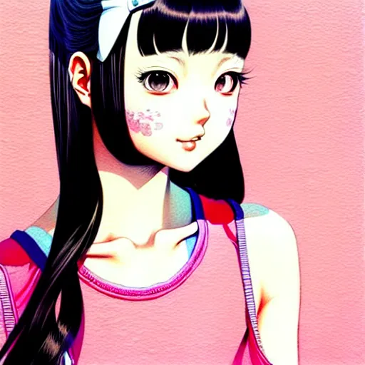 Prompt: richly detailed color  illustration of a dainty pretty young woman wearing a tank top, 'go-go' is the theme, very soft shadowing, smooth textures, large scale image. art by Range Murata.