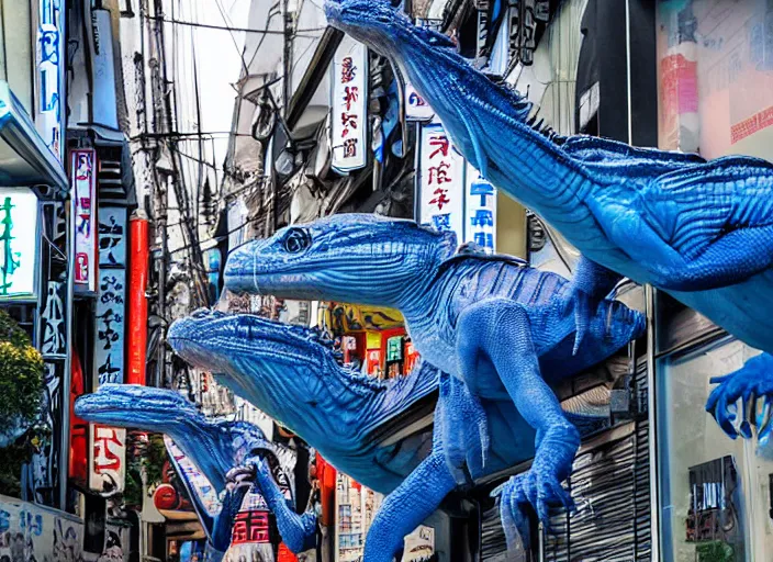 Prompt: reptilian aliens stepping out of a blue portal in a busy japanese street, award winning photo