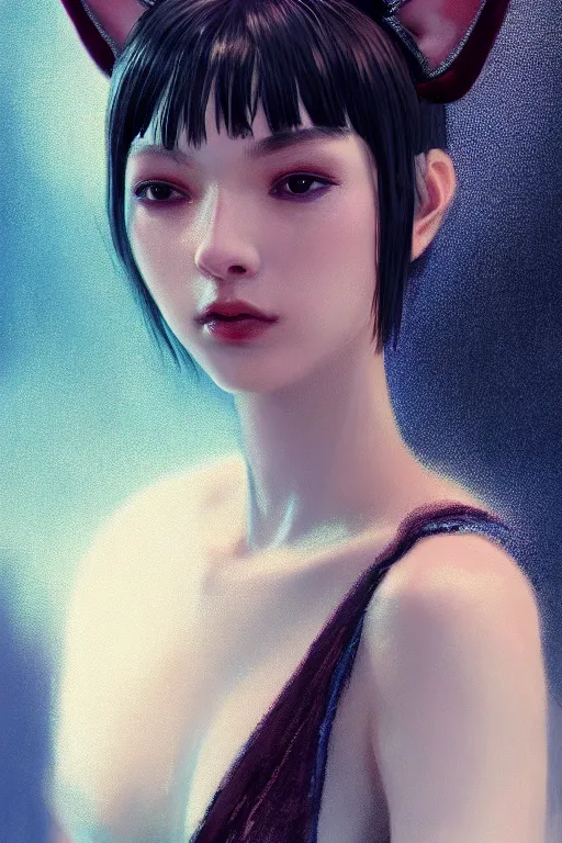 Image similar to A fancy portrait of an attractive women wearing cat ears by Greg Rutkowski, beeple, Sung Choi, Mitchell Mohrhauser, Maciej Kuciara, Johnson Ting, Maxim Verehin, Peter Konig, final fantasy, macro lens , 8k photorealistic, cinematic lighting, HD, high details, dramatic, dark atmosphere, trending on artstation