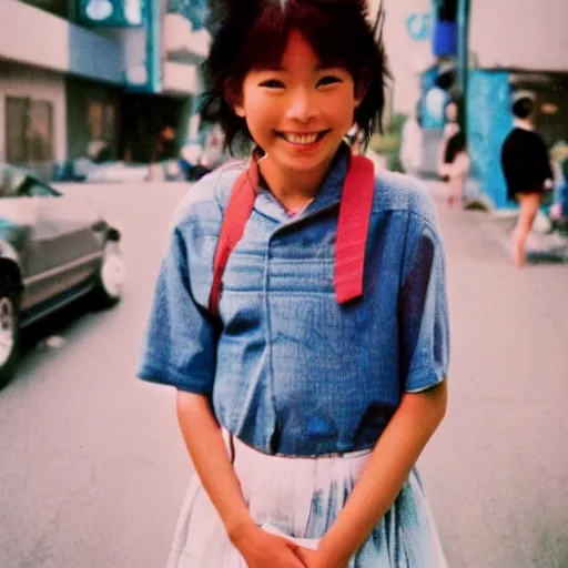 Prompt: 80's Japanese photo, medium shot, a preteen girl smile for cam, stand on the street, Professional Photography