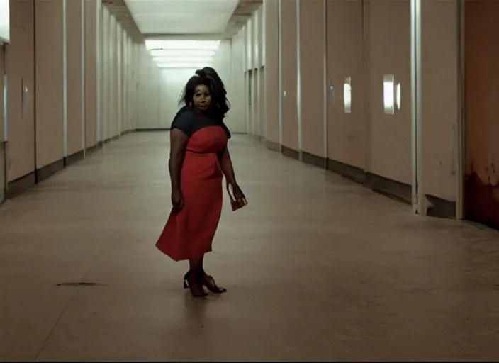 Prompt: cinematic shot of octavia spencer in an abandoned mall, iconic scene from the paranoid thriller sci fi film directed by stanley kubrick, 2 4 mm anamorphic lens, moody strange cinematography, beautiful composition, color theory, leading lines, photorealistic, moody volumetric lighting