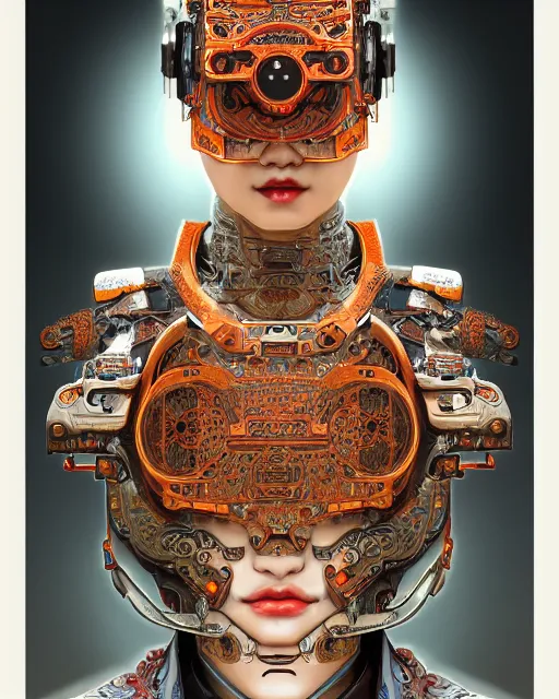 Image similar to portrait of a cyberpunk machine, machine face, upper half portrait, decorated with chinese opera motifs, asian, fine china, wuxia, traditional chinese art, intricate, elegant, highly detailed, symmetry, headpiece, digital painting, artstation concept art smooth sharp focus, illustration, art by artgerm and greg rutkowski alphonse mucha 8 k