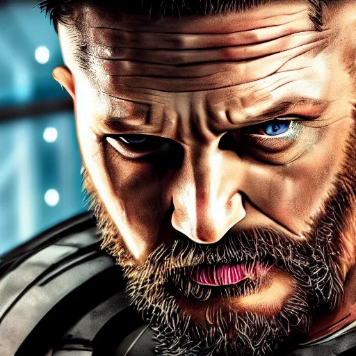 Image similar to Tom Hardy in wolverine suit Digital art 4K quality Photorealism