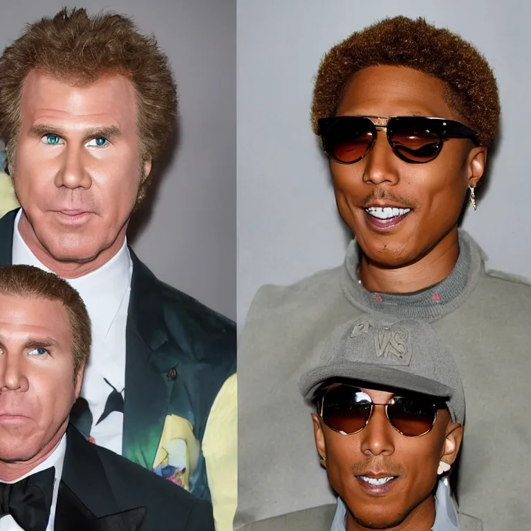 Image similar to Will Ferrell and Pharrell Williams doing the fusion dance from the TV show Dragon Ball Z and creating a double-headed creature Will Williams whose face is based on both Will Ferrell and Pharrell Williams