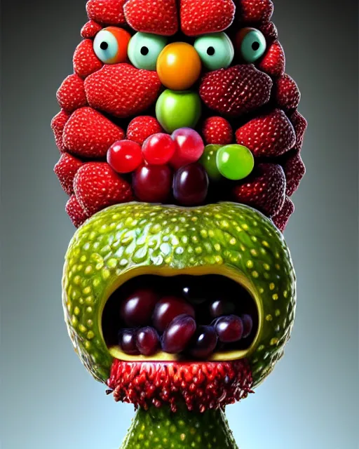 Image similar to portrait of a fruit figurine monster made of different fruit, 3 4 5 3 1, standing in a forest, staring wide open eyes, open mouth, very detailed eyes, trees in the background, sunlight, oil painting, highly detailed, dramatic lighting, hyperrealistic, 8 k, smooth, intricate, artstation, cgsociety, by artgerm, by wlop