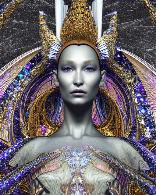 Image similar to a highly detailed metahuman 4 k close up render of an alien goddess bella hadid monument indian statue in iris van herpen dress schiaparelli in diamonds crystals swarovski and jewelry iridescent in style of alphonse mucha gustav klimt trending on artstation made in unreal engine 4