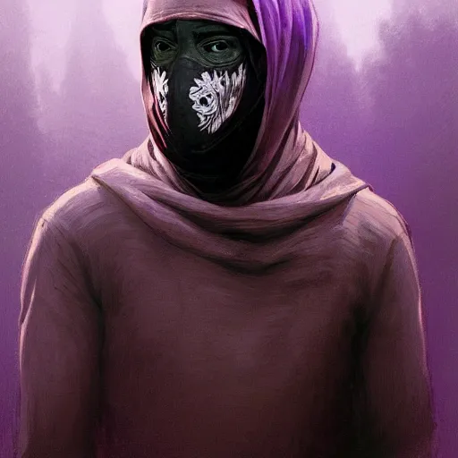 Image similar to ultra realistic illustration, man in a black hood, in a striped purple balaclava, mysterious, highly detailed, digital painting, artstation, concept art, smooth, sharp focus, illustration, art by artgerm and greg rutkowski and alphonse mucha