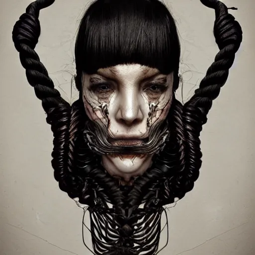 Image similar to portrait of a Shibari rope wrapped face and neck, headshot, black painted face, insanely nice professional hair style, dramatic hair color, digital painting, of a old 15th century, old cyborg merchant, amber jewels, baroque, ornate clothing, scifi, realistic, hyperdetailed, chiaroscuro, concept art, art by Franz Hals and Jon Foster and Ayami Kojima and Amano and Karol Bak,