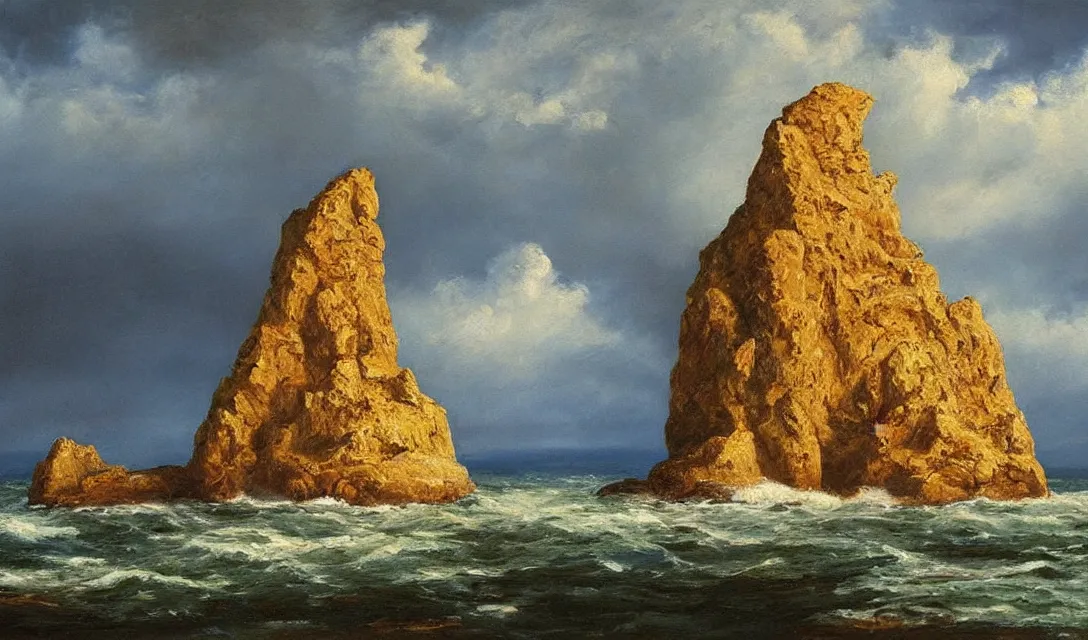 Prompt: romantic! dramatic, painting of the rocher perce!!! with two arches!!!, by carlos de haes!