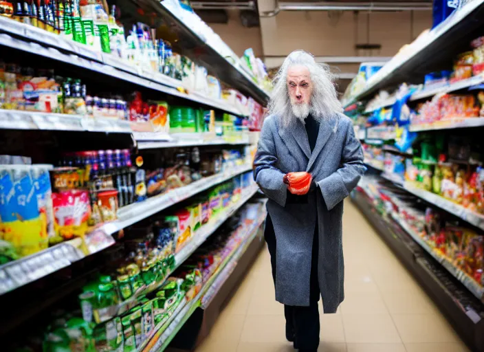 Prompt: photo of Gandalf stacking supermarket shelves, depressing, sad, 85mm f1.8