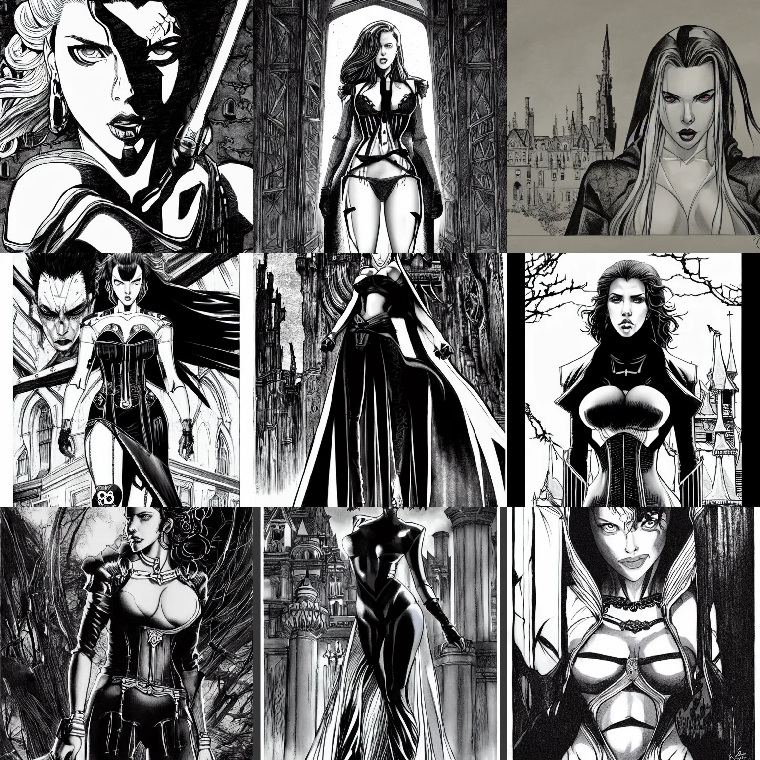 Prompt: symmetrical scarlett johansson as a vampire, gothic castle in the background, scene by david finch afro samurai anime style, black and white, pencil and ink