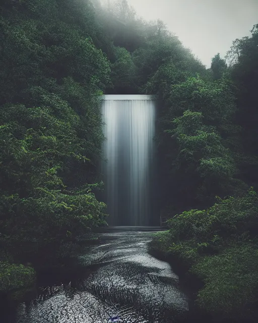 Image similar to a magical dam in the middle of a lush forest at night, minimalist design, architectural photography, dark and dim lighting, beautiful, tranquil, moody, cinematic, fantasy, 3 5 mm lens, volumetric lighting, first person view, photographic render, hyper realistic