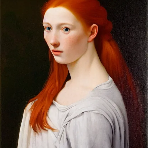 Prompt: full body portrait of a red haired girl with a soft smile, with long hair, green eyes, hint of freckles, beautiful round face, pale skin, highly detailed, deep focus, smooth, sharp focus, golden ratio, dramatic illumination, ultra realistic, 8 k, painting art by artemisia lomi gentileschi and caravaggio