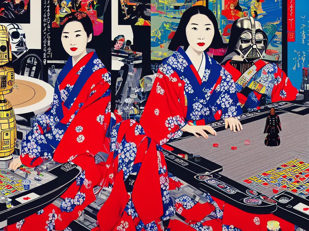 Prompt: hyperrealistic composition of the detailed woman in a japanese kimono with a c 3 p 0 robot head sitting at a extremely detailed poker table with darth vader, fireworks, mountain fuji on the background, pop - art style, jacky tsai style, andy warhol style, acrylic on canvas