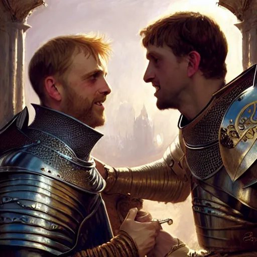 Image similar to attractive arthur pendragon and his favourite attractive male knight, they are in love, camelot, natural lighting, path traced, highly detailed, high quality, digital painting, by gaston bussiere, craig mullins, j. c. leyendecker