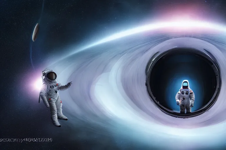 Image similar to photograph of an astronaut floating near a black hole space vortex, interstellar space suit, science fiction space suit, cinematic, hypermaximalist, detailed, 4k, breathtaking stars, surrealism, concept art, digital art, sharp focus, reflections, RTX, octane render, acid pixie, Trending on DeviantArt