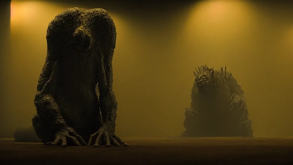 Image similar to the creature at the movie theatre, film still from the movie directed by denis villeneuve and david cronenberg with art direction by salvador dali and zdzisław beksinski