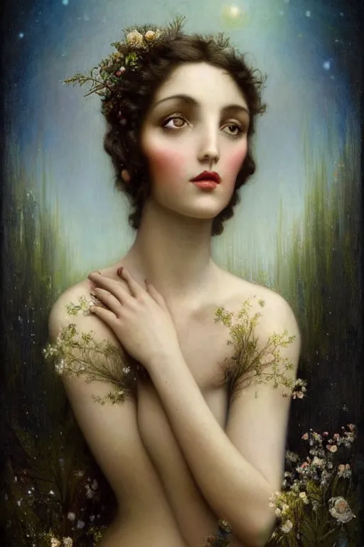 Prompt: An extremely beautiful young woman explaining the birds and the bees by Tom Bagshaw in the style of a modern Gaston Bussière, art nouveau, art deco, surrealism. Extremely lush detail. Melancholic night scene. Perfect composition and lighting. Profoundly surreal. High-contrast lush surrealistic photorealism. Sultry and mischievous expression on her face.