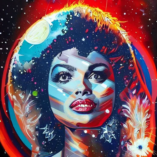 Image similar to painting of a character doing the moonwalk by Sandra Chevrier in a cosmic scenic environment, trending on Artstation, hyperdetailed, beautiful, stars, planets, nebula