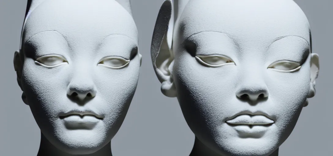 Image similar to symmetry!! full beautiful female porcelain sphinx body sculpture by daniel arsham and raoul marks, intricate, elegant, highly detailed, digital painting, artstation, smooth, sharp focus, all white features on a white background, delicate facial features, golden ratio composition, interconnected, liquid composition