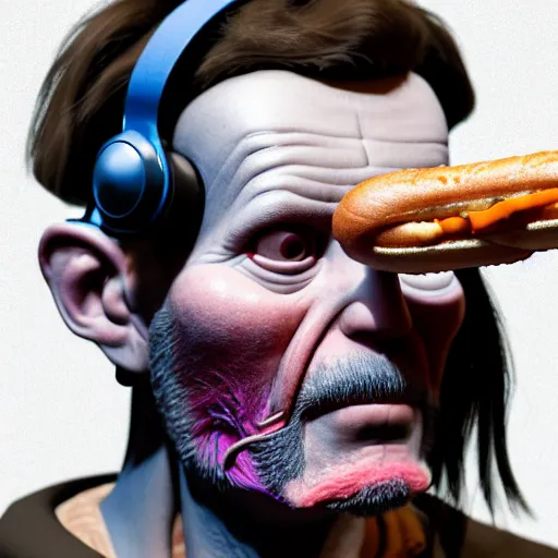 Image similar to Colour Photography of 1000 years old man with highly detailed 1000 years old face wearing higly detailed cyberpunk VR Headset designed by Josan Gonzalez. Man eating higly detailed hot-dog. In style of Josan Gonzalez and Johannes Vermeer and Mike Winkelmann and Caspar David Friedrich. Rendered in Blender