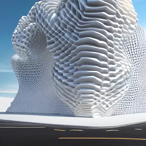 Image similar to giant parametric building that is white, horizontal, fluid form, complex | cinematic, hyper realistic, crazy detail, smoke geometry, artstation, hyper realistic, super detail