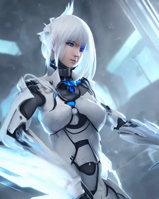 Prompt: perfect white haired girl, warframe armor, beautiful, dreamy, half asian, pretty face, blue eyes, detailed, windy weather, scifi platform, laboratory, experiment, 4 k, ultra realistic, epic lighting, cinematic, high detail, masterpiece, akihito tsukushi