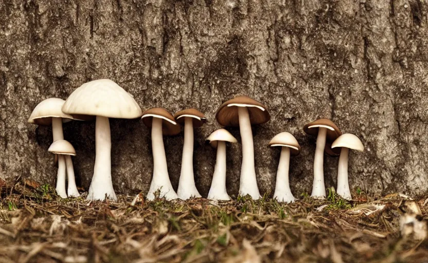 Image similar to a photography from afar of a creepy mushroom family, terrifying, photorealistic, 2 4 mm