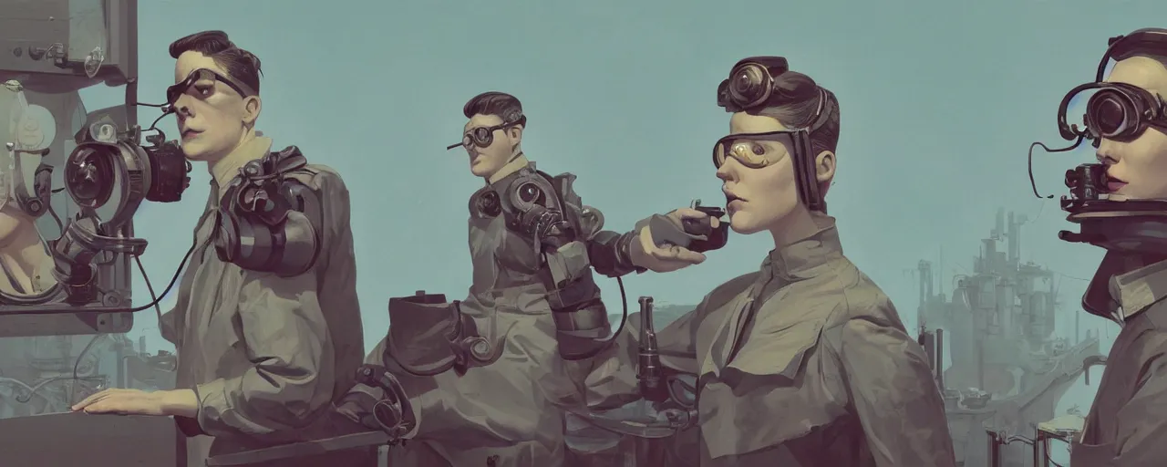 Prompt: vintage illustration 3 / 4 portrait of stoic heroic emotionless butch blonde woman engineer with short slicked - back hair, wearing victorian goggles, awkward and uncomfortable and anxious, dynamic composition by sachin teng and sergey kolesov and ron cobb. industrial space program, scifi, hyper detailed. octane render. concept art. trending on artstation