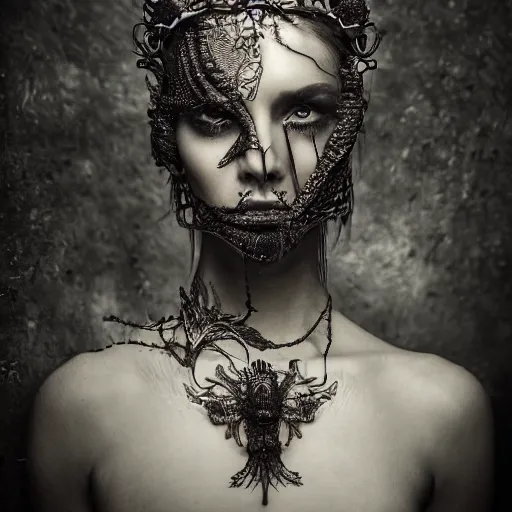 Prompt: a portrait of female model by stefan geselle and nekro borja, photorealistic, intricate details, hyper realistic, dark fantasy, ornate headpiece, dark beauty, photorealistic, canon r 3, photography, wide shot, photography, dark beauty, symmetrical features, wide angle shot