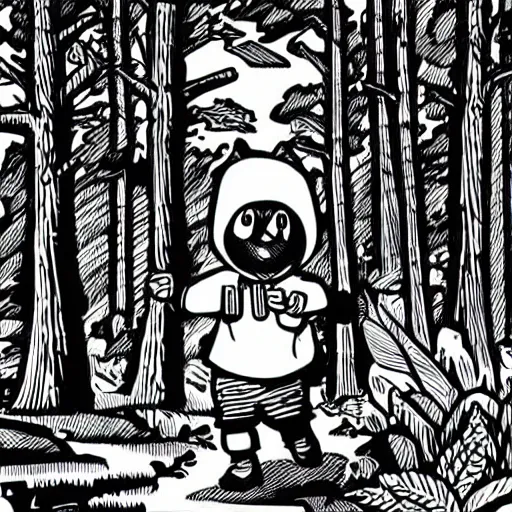 Prompt: mcbess illustration of a little boy with a blue backpack in a forest