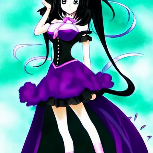 Prompt: a beautiful anime anime anime anime anime anime woman with long black hair, wearing a black corset top and a purple tutu, art by Steve Argyle