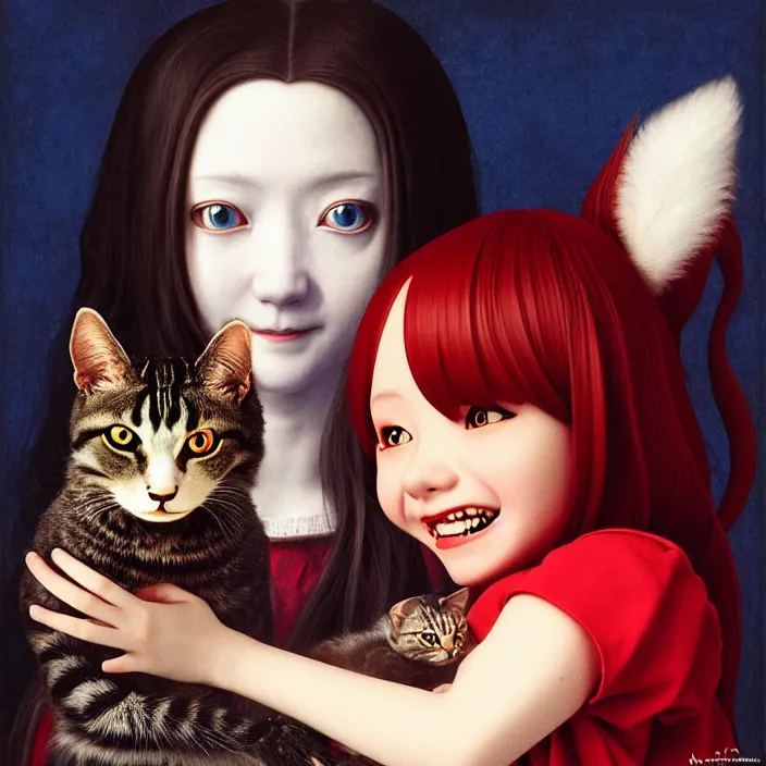 Image similar to renaissance portrait of the mischievous vampire girl loner smiling at her cat, by katsuhiro otomo, and artgerm rendered with 3 d effect.