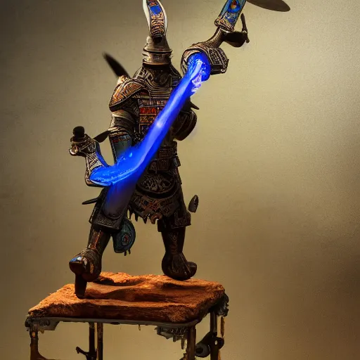 Prompt: a guardian, hussein by hieronymus engine, beautiful barbarian rays of shimmering mechanical chinese blue inexplicable cinematic, 8 k resolution, and behavior, and paint oil paint metal liquid metal sculpture