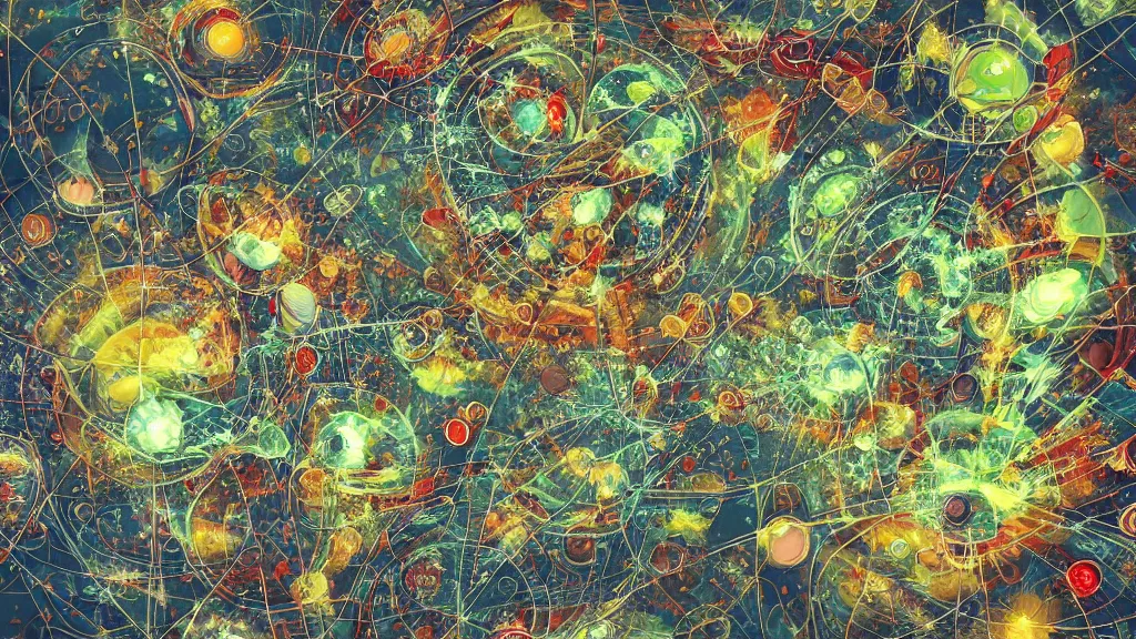 Prompt: a beautiful dreamy painting of a viruses inside a high-resolution television screen, dark, sinister, detailed scientific and mathematical diagram and retro sci-fi style