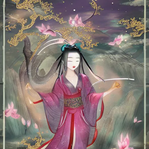 Prompt: oriental mythology, chinese fairy style illustrations, ultra - wide field of view, film, fantasy, ray tracing