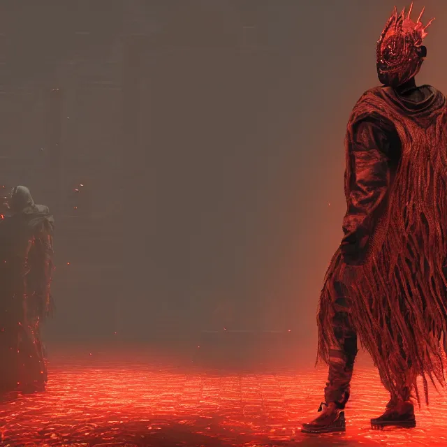 Image similar to kanye yeezus tour with a maison margiela mask reimagined as a boss in dark souls, dark cinematic, volumetric, realistic, cinematic lighting, ray tracing, unreal engine 5, unreal engine render, octane render, hyper realistic, photo, 8 k