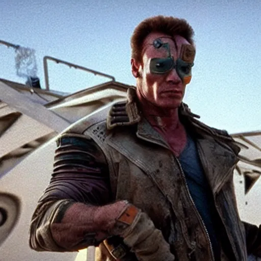 Prompt: psionic Arnold Schwarzenegger, post-apocalyptic, mad max style, Total Recall style
