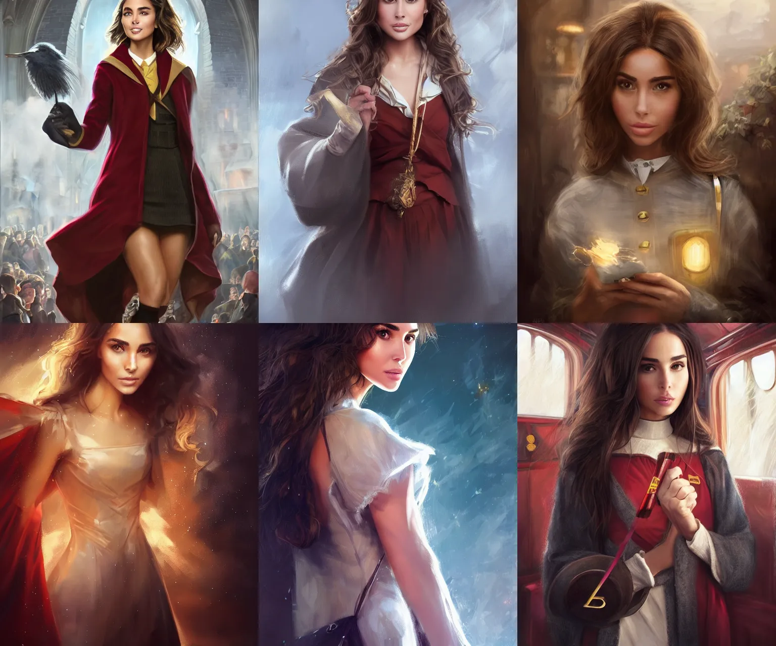 Prompt: Olivia Culpo as hermione on the hogwarts express, digital painting by Mario Testino, Stanley Artgerm Lau, WLOP, Andrei Riabovitchev, masterpiece, trending on artstation, cgstudio