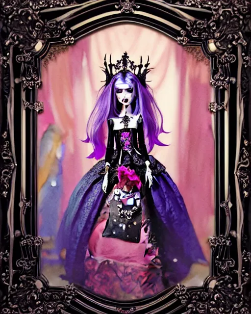 Prompt: maximalist baroque bedazzled gothic royalty frames surrounding a watercolor portrait of maximalist monster high draculaura doll, stephen bliss, unreal engine, by greg rutkowski, loish, rhads, makoto shinkai and lois van baarle, ilya kuvshinov, rossdraws, global illumination, radiant light, detailed and intricate environment, watercolor lighting