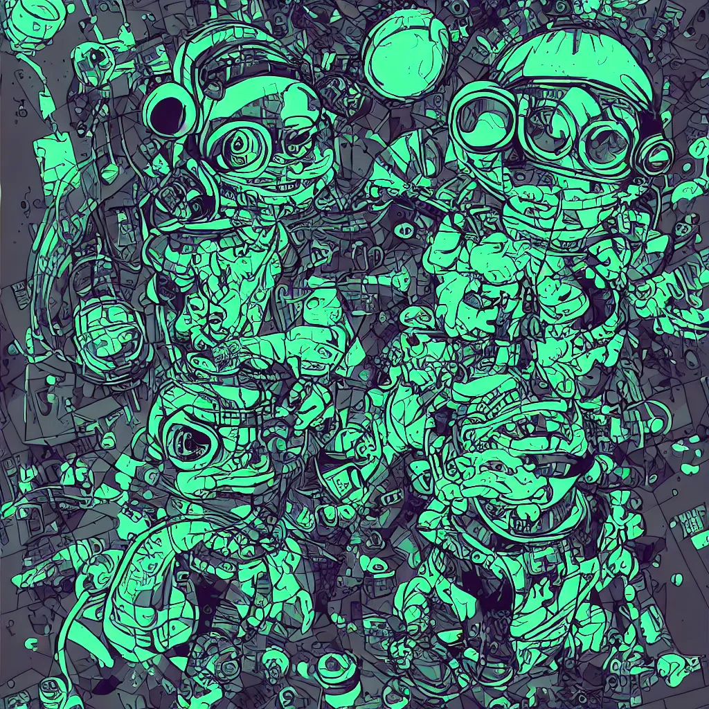 Image similar to a toad wearing headphones, ryuta ueda artwork, breakcore, style of jet set radio, y 2 k, gloom, space, cel - shaded art style, sacred geometry, data, minimal, code, cybernetic, dark, eerie, cyber