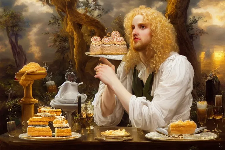 Prompt: Lucius as a pale albino prince of luxurious scintillating radiance, long fluffy blond curly hair, enjoying delicate cakes and pastries, oil on canvas, golden hour, artstation, by J. C. Leyendecker and Peter Paul Rubens