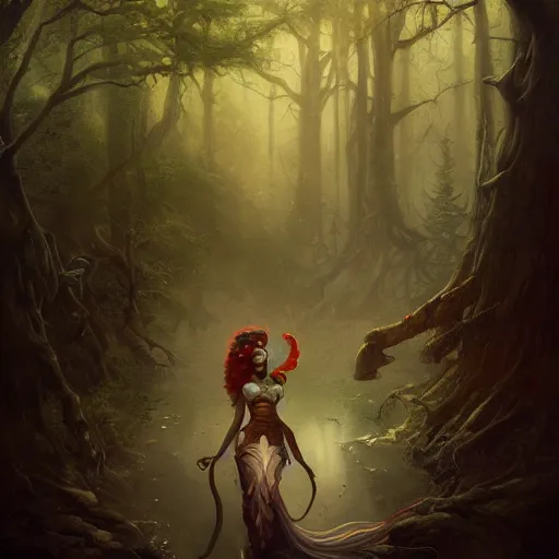 Image similar to the court jesters wife lost in the woods, pretty, beautiful, hyper realistic fantasy painting, deviantart artstation, by jason felix by steve argyle by tyler jacobson by peter mohrbacher, cinematic, magical