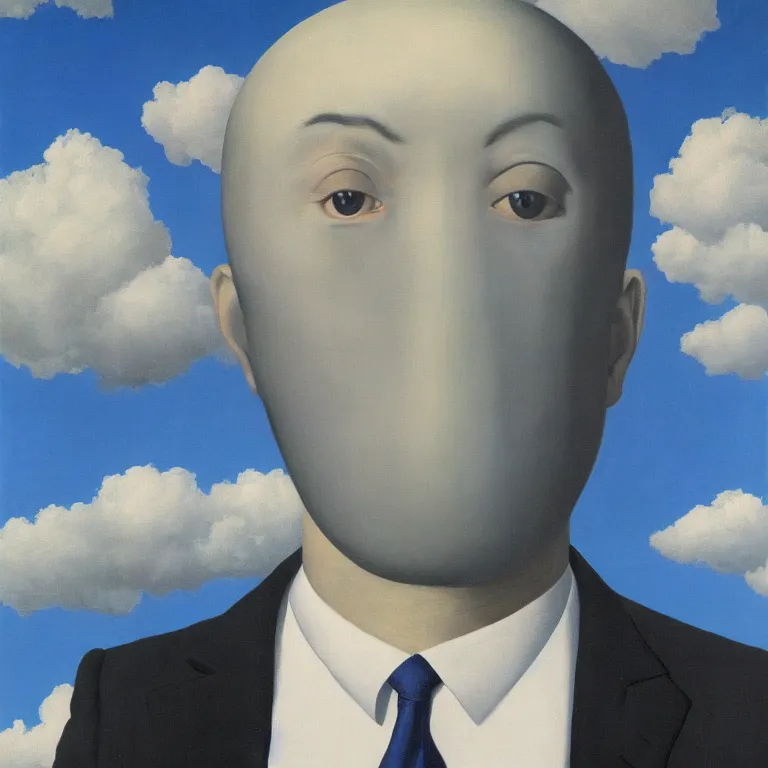 Image similar to portrait of a faceless chrome - head man in a suit, clouds in the background, by rene magritte, detailed painting, distance, centered, hd, hq, high resolution, high detail, 4 k, 8 k