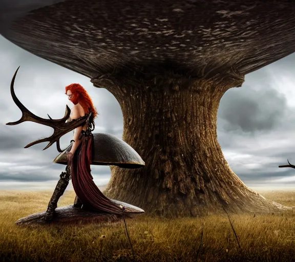 Image similar to a photo of an armored woman warrior redhead with antlers sitting on a giant mushroom that covers a whole village and reaches above the clouds by luis royo. intricate. lifelike. soft light. sony a 7 r iv 5 5 mm. cinematic post - processing