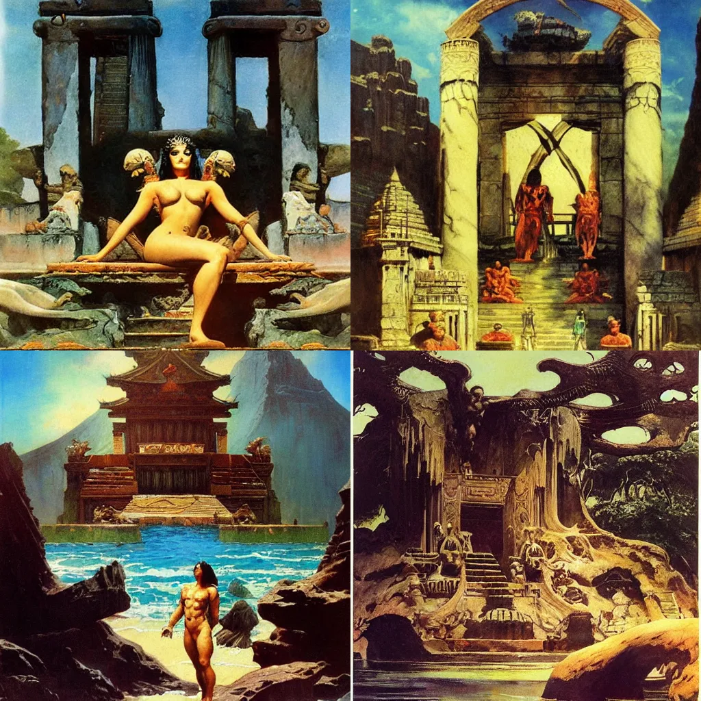 Prompt: the temple of the water god | frank frazetta