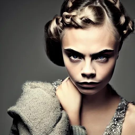 Prompt: photo of a gorgeous 20-year-old Cara Delevingne 1910s hairstyle by Mario Testino, detailed, head shot, award winning, Sony a7R -