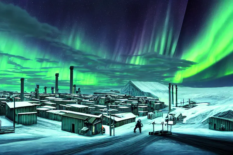 Image similar to favela winding cybernetic thrill ride, snowy arctic environment, industrial factory, bright, aurora borealis, award winning art, epic dreamlike fantasy landscape, ultra realistic,